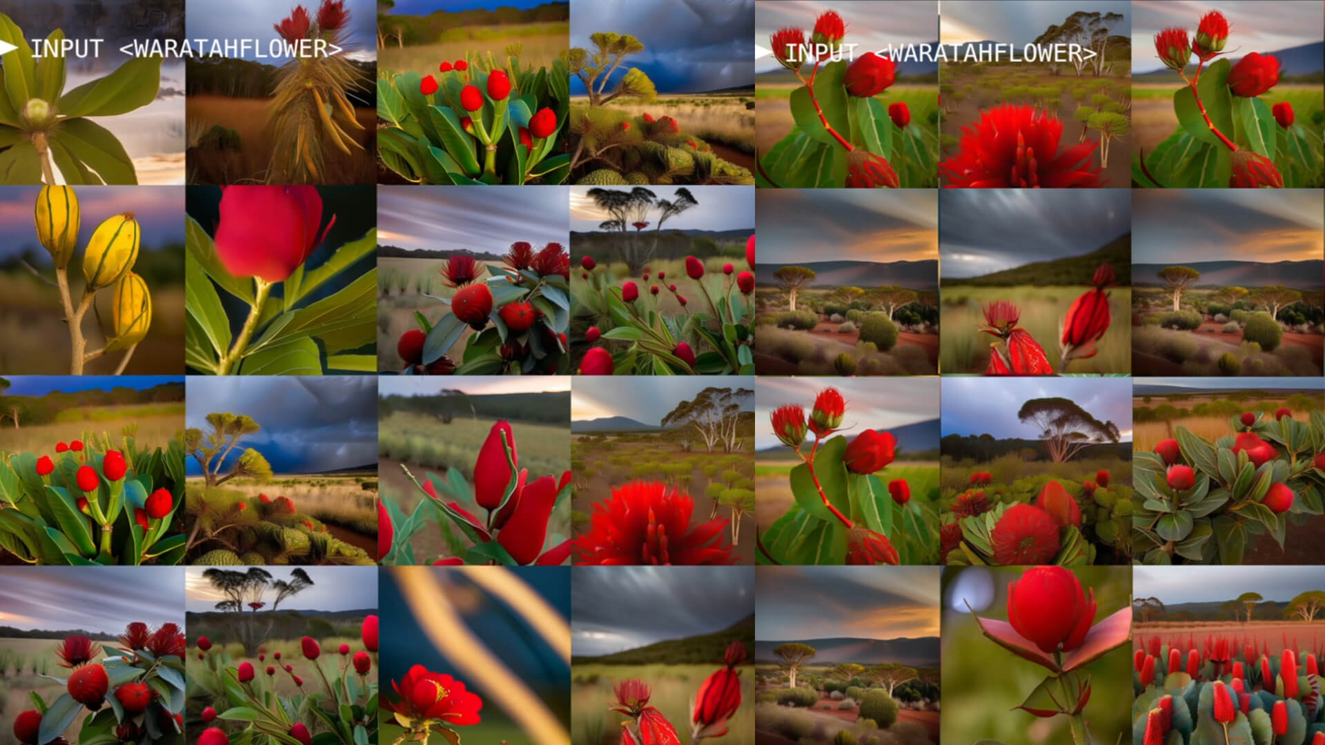 Collage image showing machine learning process used to generate Australian waratah flower using generative artificial intelligence art using Stable Diffusion.