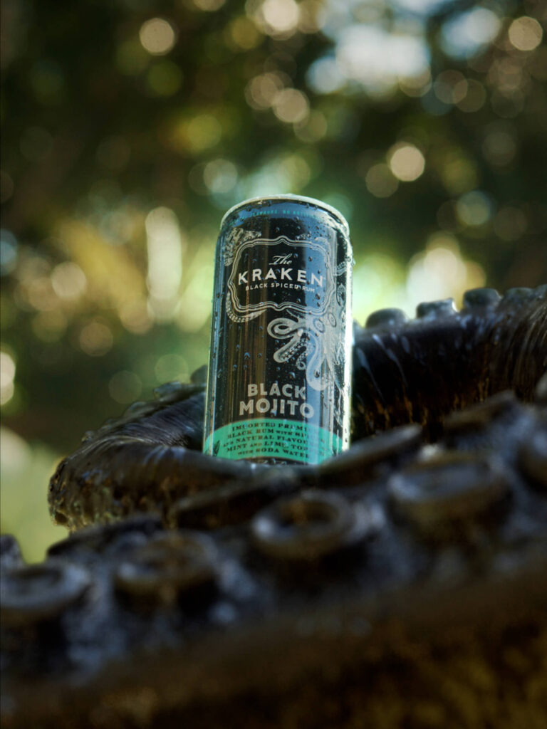 Still from Kraken Black Mojito TVC featuring a tentacle clutching a can of the drink - VFX animation by VANDAL 