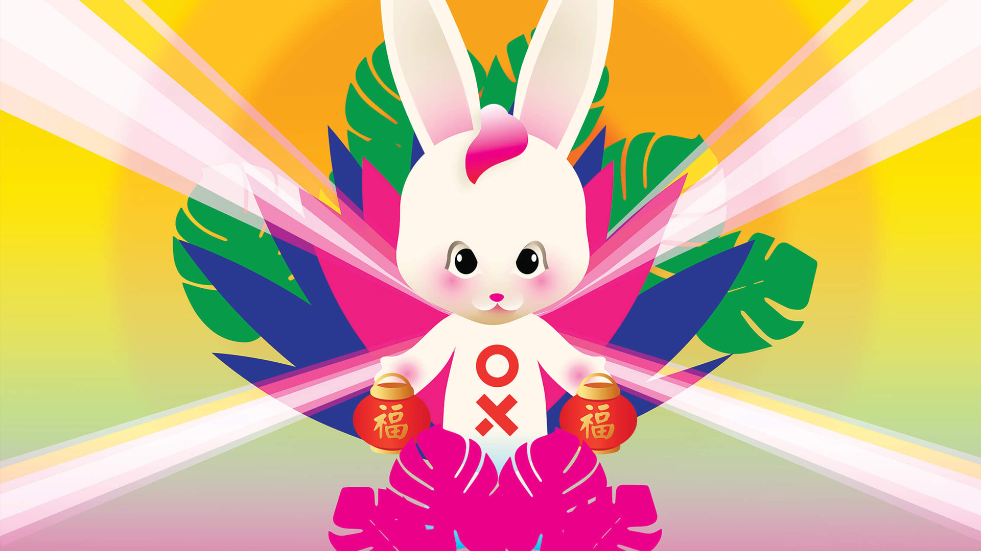 Digital art showing a rabbit celebrating Lunar New Year to promote the Lucky Lunar experiential brand activation for World Square Sydney