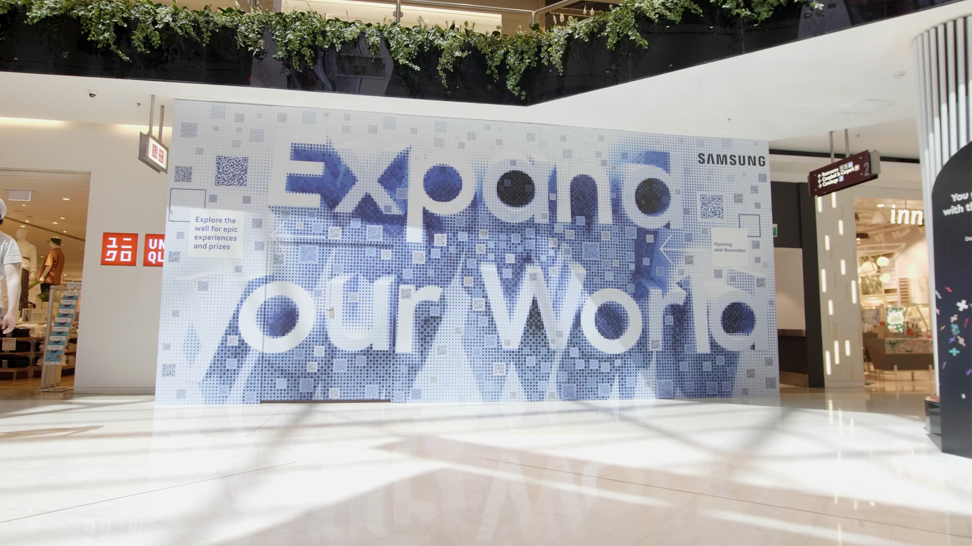 Sydney Experiential piece for Samsung featuring a mosaic of scannable QR codes that come together to say 'Expand our World'