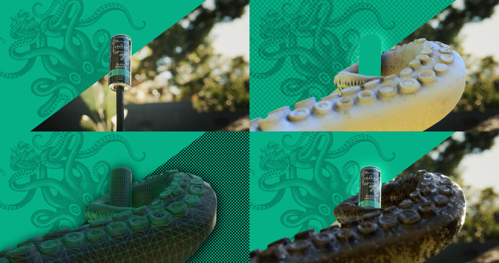 Progression shot. of Kraken Black Mojito TVC featuring a tentacle clutching a can of the drink - VFX animation by VANDAL 